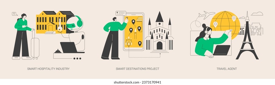 Modern travelling abstract concept vector illustration set. Smart hospitality industry, multimedia city tags, digital destinations project, travel agent, hotel booking online abstract metaphor.