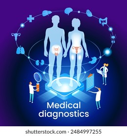 Modern treatment future medicine. Innovative health care analysis of AI technology. Isometric design