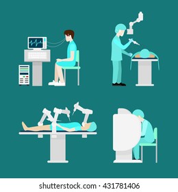 Modern treatment robotic robot-assisted surgery echoencephalography brain waveform. Flat style hospital profession specialist concept vector people icon set hospital patient doc nurse.
