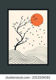 
Modern tree art, vector art, line art, falling leaves in the wind wall art, flat design.