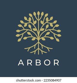 Modern tree logo design. Botanical arbor garden plant line icon. Natural brand emblem. Nature symbol. Vector illustration.