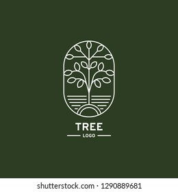 Modern Tree Logo, Line Design. Vector Illustration. Oval Element