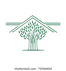 modern tree with roof logo, icon design, isolated on white background.
