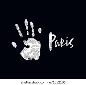 The modern trend. Handcraft logo. Pattern of contour maps design and a trace human hand. Silhouette of a hand print with a topographic map. Paris. Black and white colors.