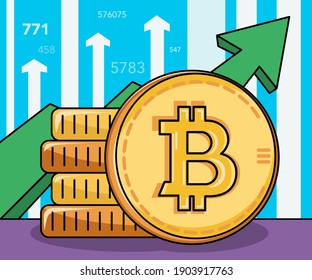 Modern trend illustration of bitcoin and cryptocurrency growth. A bullish wave in the cryptocurrency market. The rise in the price of bitcoin picture.  Yellow coin and green arrow. Vector.