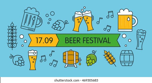 Modern trend linear elements. Festival. Craft beer, glass, cone, wheat, barrel, music notes. Print or web banner, flyer, poster or greeting card for celebration or pub. For oktoberfest invitation.