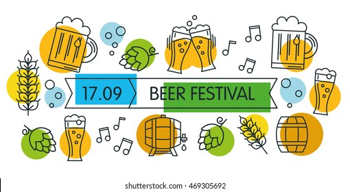 Modern trend linear elements. Festival of beer. Craft beer, glass, cone, wheat, barrel, music notes. Print or web banner, flyer, poster or greeting card for celebration or pub party. For oktoberfest.