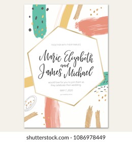 Modern trend vector wedding invitation template with doodle and golden elements 