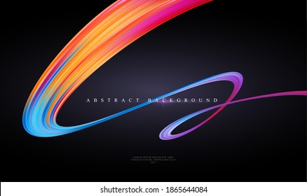 Modern trending abstract black background with curving bright full color ribbon of liquid paint. Template for design presentation, flyer, card, web page. Vector illustration EPS10