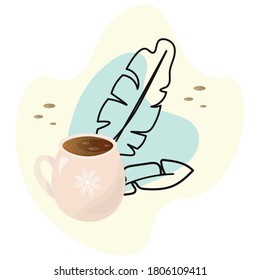 
Modern trending illustration with a cup of coffee and exotic leaves.
Minimalistic vector design.