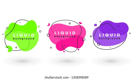Modern trendy abstract liquid set. Flat geometric fluid elements with Proton Purple, UFO green and Plastic Pink colors.  liquid elements for flyer, presentation, banner or social post. EPS 10