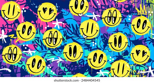 Modern Trendy Abstract Street Art Graffiti Style Happy Smiling Face Emoji Background Illustration