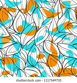 modern trendy apparel textile abstract shape and laef outline cool colour seamless vector pattern 