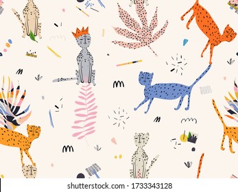 Modern trendy artistic pattern with leopards. Creative collage contemporary  print. Fashionable template for design.