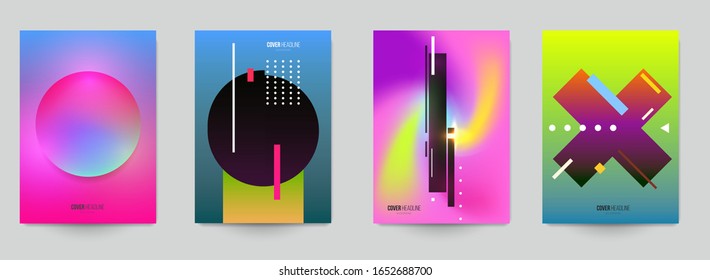 Modern trendy background cover posters, banners, flyers, placards. Set of abstract minimal template design for branding, advertising in gradient geometric memphis style. Vector illustration.