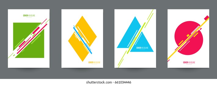 Modern trendy background cover posters, banners, flyers, placards. Set of abstract minimal template design for branding, advertising in retro geometric memphis style. Vector illustration. EPS 10.