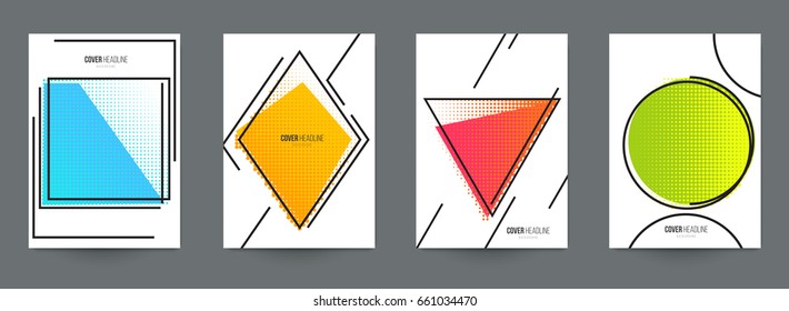 Modern trendy background cover posters, banners, flyers, placards. Set of abstract minimal template design for branding, advertising in retro geometric memphis style. Vector illustration. EPS 10.