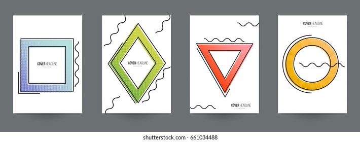 Modern trendy background cover posters, banners, flyers, placards. Set of abstract minimal template design for branding, advertising in retro geometric memphis style. Vector illustration. EPS 10.