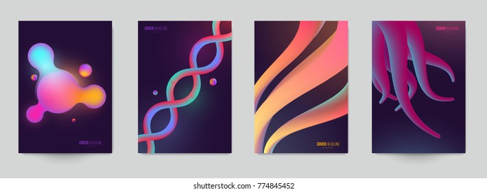 Modern trendy background cover posters, banners, flyers, placards. Set of abstract minimal template design for branding, advertising with realistic 3d colorful shapes. Vector illustration. EPS 10.