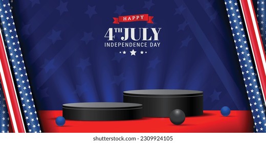 Modern and trendy banner background of 4th of July American independence day celebration, with cylindrical product display and usa star and stripe ribbon. Vector illustration.