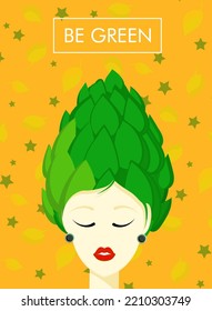 Modern trendy banner on the theme of vegetarianism. World Vegan Day. HEALTHY FOOD. Woman with artichoke.