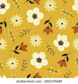 Modern trendy beautiful vector ditsy floral seamless pattern design. Elegant blooming flowers and branches of leaves. Composite overlay repeating textured background for textile and surface printing