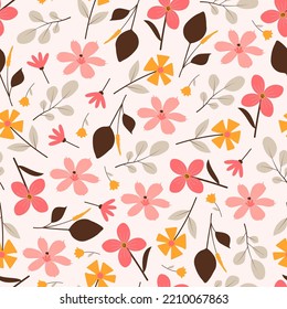 Modern trendy beautiful vector ditsy floral seamless pattern design. Elegant blooming flowers and branches of leaves. Composite overlay repeating textured background for textile and surface printing