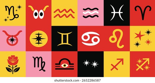 Modern, trendy bright boho zodiac signs set, seamless pattern, celestial mystical symbols. Organic rounded hand drawn blob shapes. Uneven, fluid, liquid bold lines. Horoscope illustrations collection