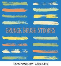 Modern trendy brush stroke traces set, stylish paint or ink hand drawn splashes isolated on blue background. Lines, stripes, paintbrush color palette Brushstroke splashes vector collection.