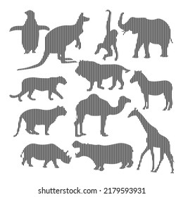 Modern Trendy Cards Set with Line Art Elements. Abstract Banners Collection of penguin kangaroo monkey elephant lion zebra panther tiger camel rhino rhinoceros hippo hippopotamus giraffe