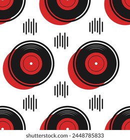 Modern trendy checkerboard pattern with vector colored vinyl discs and sound elements. Memphis style