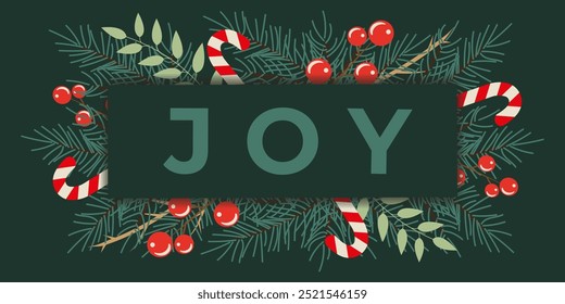 Navidades modernas de moda, Plantilla de decoración de año Nuevo con rama de abeto, bayas rojas y Navidades de caramelo. Lindo, brillante, elegante marco de Festiva de Navidades en estilo plano para redes sociales, Sitio web, ventas.