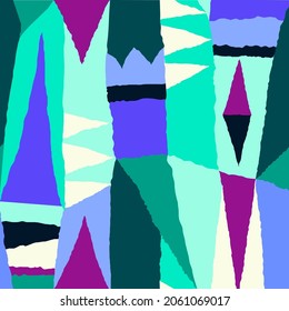 Modern trendy collage with cut out elements. Colorful abstract geometric seamless pattern. Fashionable hand drawn illustration for your unique design.