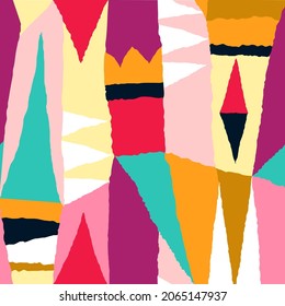 Modern trendy collage with cut out elements. Colorful abstract geometric seamless pattern. Fashionable hand drawn illustration for your unique design.