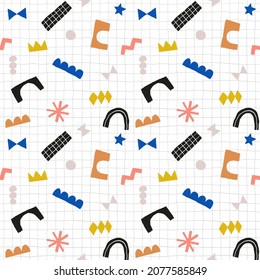 Modern trendy collage with cut out elements. Abstract background with hand drawn doodle shapes. Colorful geometric seamless pattern. Contemporary trendy vector illustration.