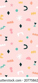 Modern trendy collage with cut out elements. Abstract background with hand drawn doodle shapes. Colorful geometric seamless pattern. 