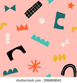 Modern trendy collage with cut out elements. Abstract background with hand drawn doodle shapes. Colorful geometric seamless pattern. 