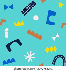 Modern trendy collage with cut out elements. Abstract background with hand drawn doodle shapes. Colorful geometric seamless pattern. 