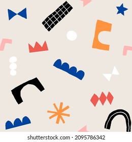 Modern trendy collage with cut out elements. Abstract background with hand drawn doodle shapes. Colorful geometric seamless pattern. 