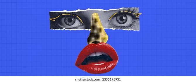 Modern trendy collage with a woman's face. Eyes nose lips. Painted elements. Vibrant magazine background. Vector illustration.