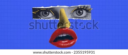 Modern trendy collage with a woman's face. Eyes nose lips. Painted elements. Vibrant magazine background. Vector illustration.