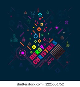  Modern trendy colorful Christmas background  with bright Christmas tree and Merry Christmas greeting, for design project, cover, card, banners