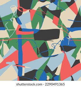Modern trendy colorful hand drawn pattern with abstract geometric shapes and brush strokes.