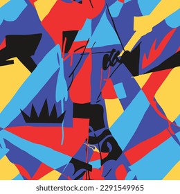 Modern trendy colorful hand drawn pattern with abstract geometric shapes and brush strokes.