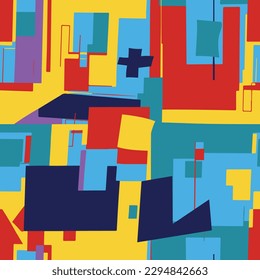 Modern trendy colorful hand drawn pattern with abstract geometric shapes and brush strokes.