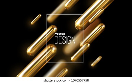 Modern trendy cover design. Vector 3d illustration of realistic golden capsules. Abstract background. Dynamic flowing shapes backdrop. Business brochure or banner template. Minimal futuristic design