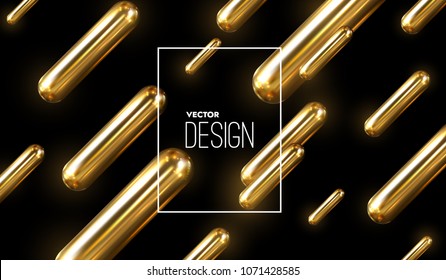 Modern trendy cover design. Vector 3d illustration of realistic golden capsules. Abstract background with liquid gold metallic shapes. Dynamic backdrop. Banner template. Minimal futuristic design
