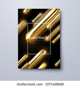 Modern trendy cover design. Vector 3d illustration of realistic golden capsules. Abstract background with liquid gold metallic shapes. Dynamic backdrop. Brochure template. Minimal futuristic design