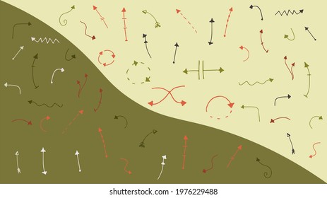 Modern and trendy direction pointers in natural green colors, hand drawn arrow shapes, freehand sketchy dotted lines, doodle arrows, vector graphic set