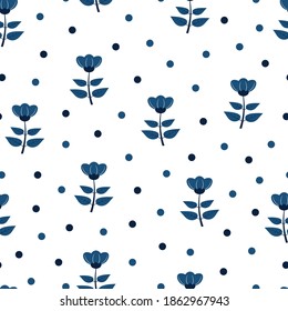 Modern trendy doddle flower vector seamless pattern design for textile and printing-Elegant ditsy floral and polka dots texture with white background